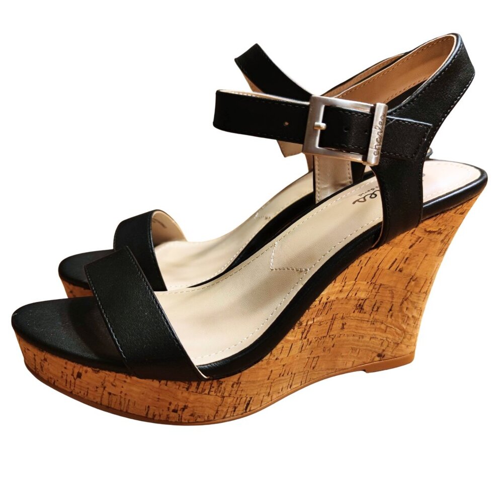Charles David Women's Lindy Cork Wedge Black Strap Buckle Sandals Size 8.5 M